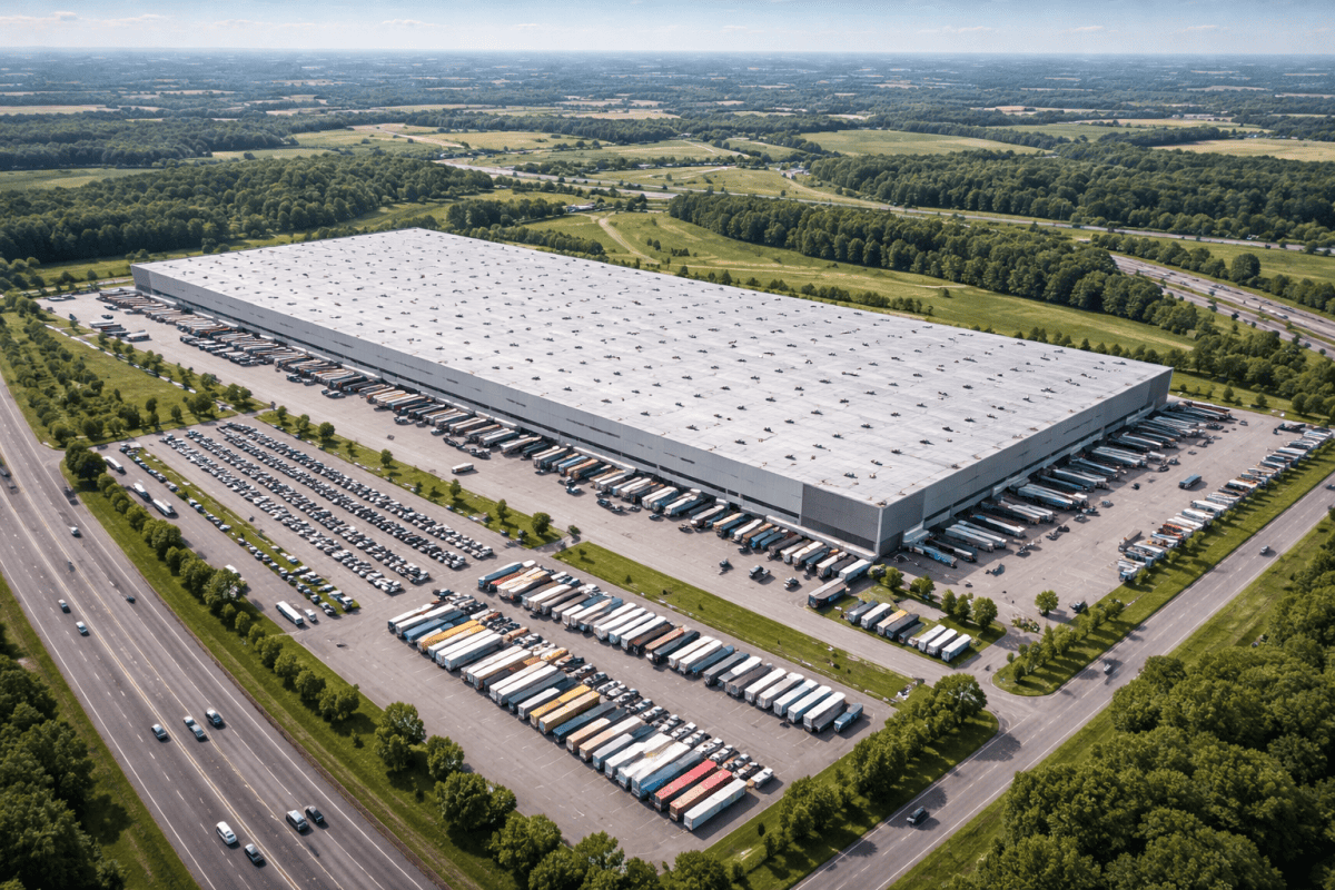Vue aérienne d'un entrepôt XXL (image générée par IA) Vue aérienne d'un entrepôt XXL (image générée par IA)