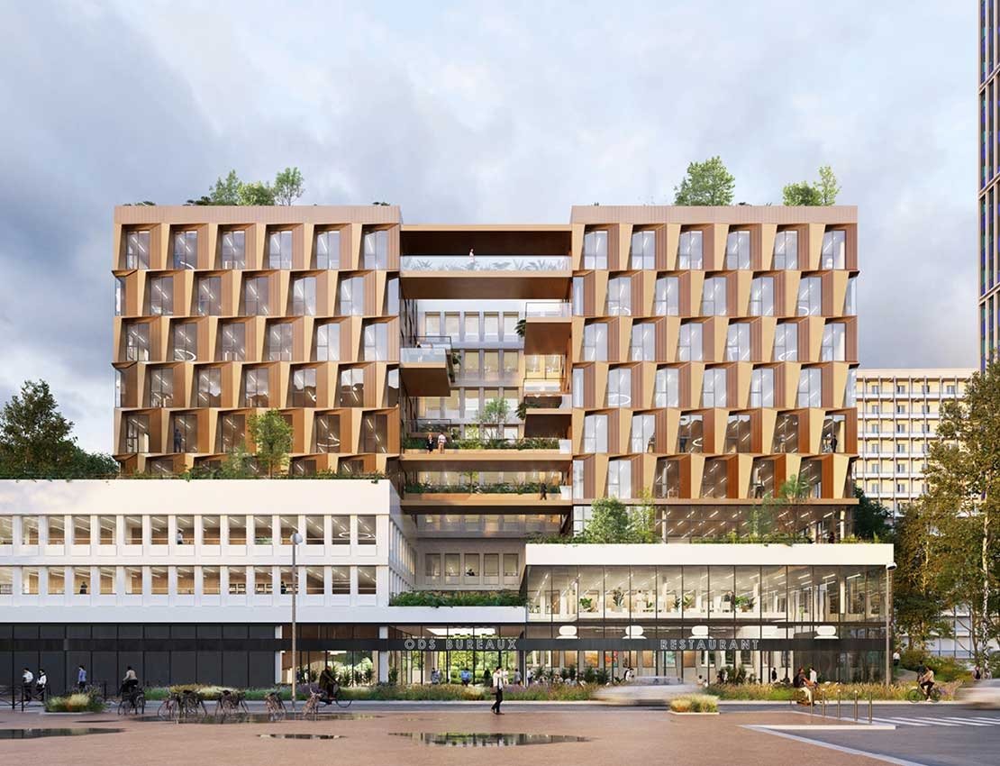 L'ensemble Vertuo à Lyon, avec le socle commercial, les bureaux et l'élévation résidentielle. © Herault