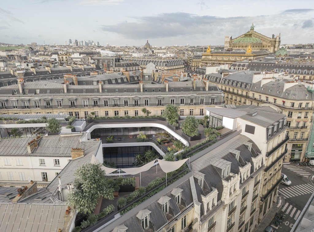 Vue aérienne de Stellar, au 33 Quatre-Septembre, dans le 2e arrondissement de Paris. 