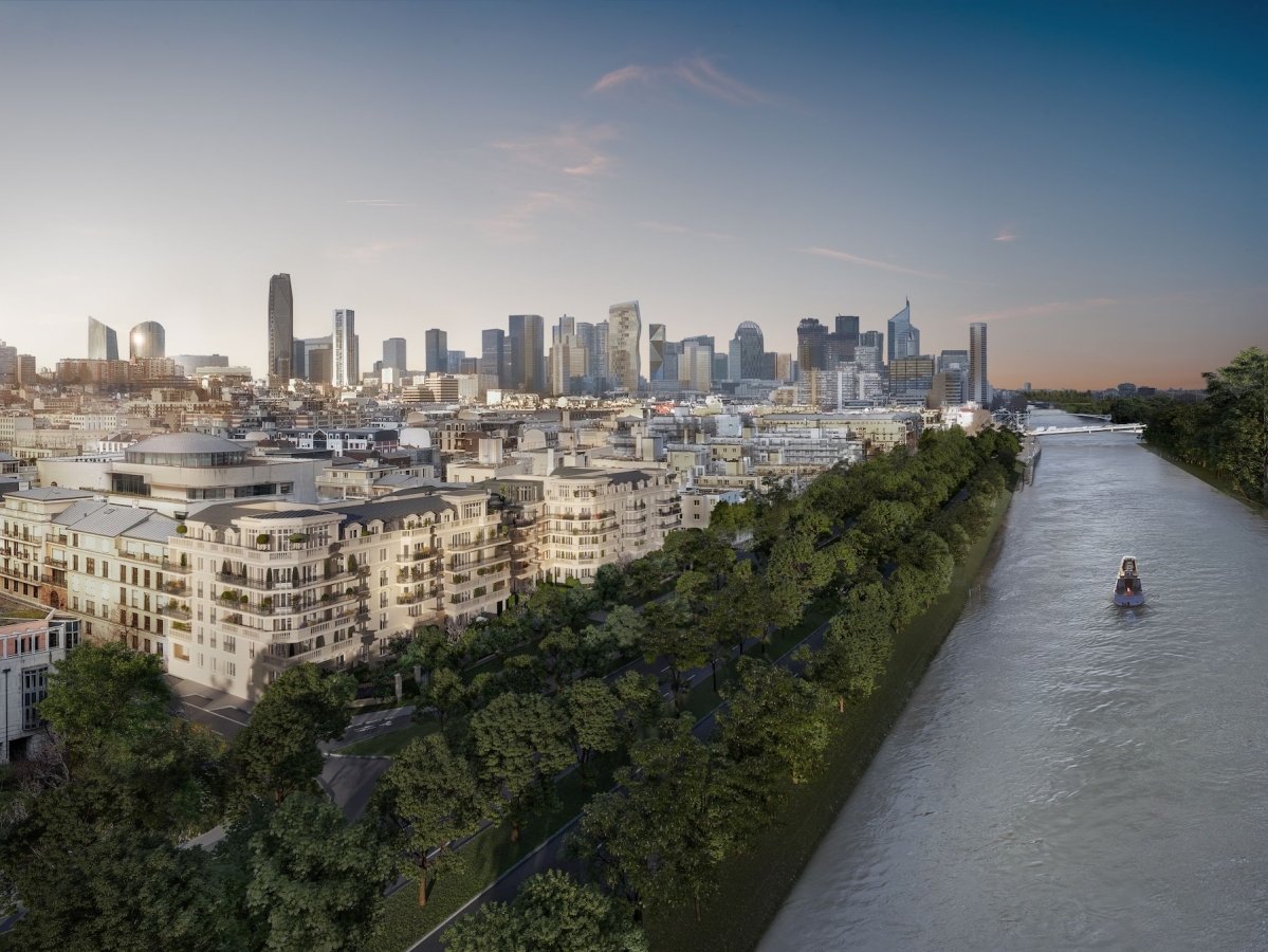 Le futur ensemble du 3/5 Dion Bouton à Puteaux, face à la Seine. © Novaxia / Emerige