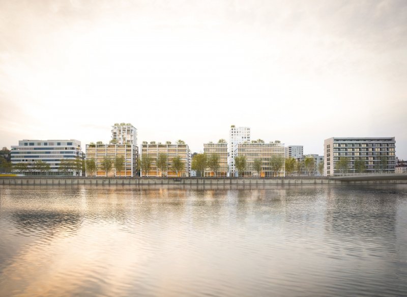 Le Campus Confluence à Lyon, avec les deux immeubles d'éducation en bord de fleuve. © PPX