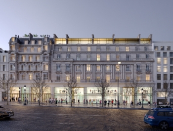 Perspective du 150 Champs-Elys&eacute;es transform&eacute; en h&ocirc;tel et commerce.&nbsp;