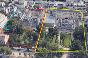 L'hôtel de Montesquiou (ambassade de Chine) en jaune, l'hôtel de Bourbon-Condé (roi du Bahreïn) en rouge et l'hôtel de Condé (Kostyantin Zhevago) en bleu L'hôtel de Montesquiou (ambassade de Chine) en jaune, l'hôtel de Bourbon-Condé (roi du Bahreïn) en rouge et l'hôtel de Condé (Kostyantin Zhevago) en bleu