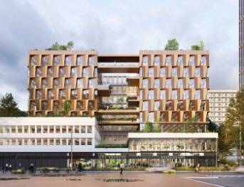 L'ensemble Vertuo à Lyon, avec le socle commercial, les bureaux et l'élévation résidentielle. © Herault
