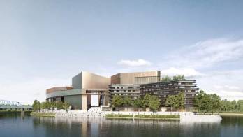 Le projet Pointe Amont à Boulogne, avec la fondation d'art contemporain (gauche), l'immeuble de bureaux (centre) et l'hôtel (droite). © Emerige Le projet Pointe Amont à Boulogne, avec la fondation d'art contemporain (gauche), l'immeuble de bureaux (centre) et l'hôtel (droite). © Emerige