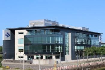 Le siège de STV à Glasgow. © Leslie Barrie / STV HQ & studios, Pacific Quay, Glasgow